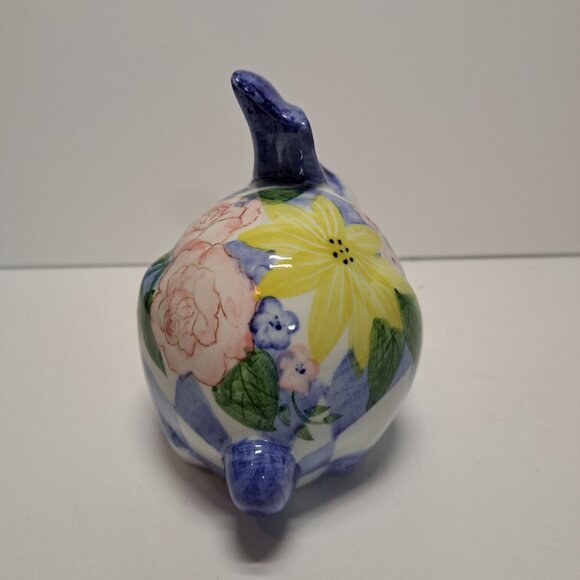 Ceramic Easter Bunny Rabbit Figurine Blue/White Check Yellow Pink Floral Cottage - Picture 4 of 7